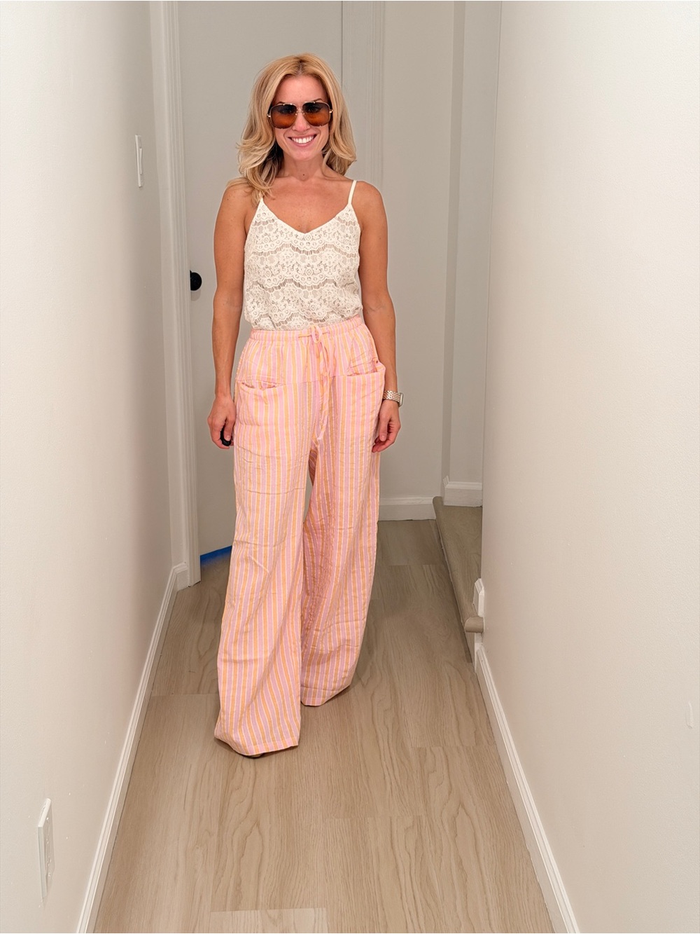 Amazon Pink and Yellow Striped Wide Leg Pants